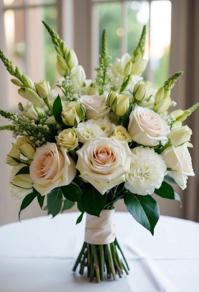 A classic wedding bouquet featuring roses and lisianthus in a harmonious arrangement