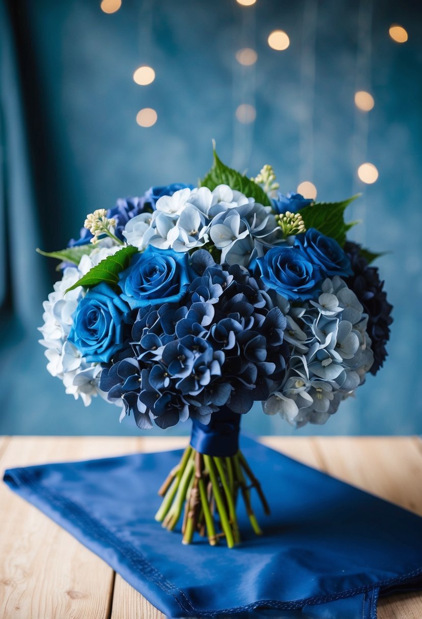 A bouquet of slate blue and navy hydrangeas arranged in a dusty blue wedding theme