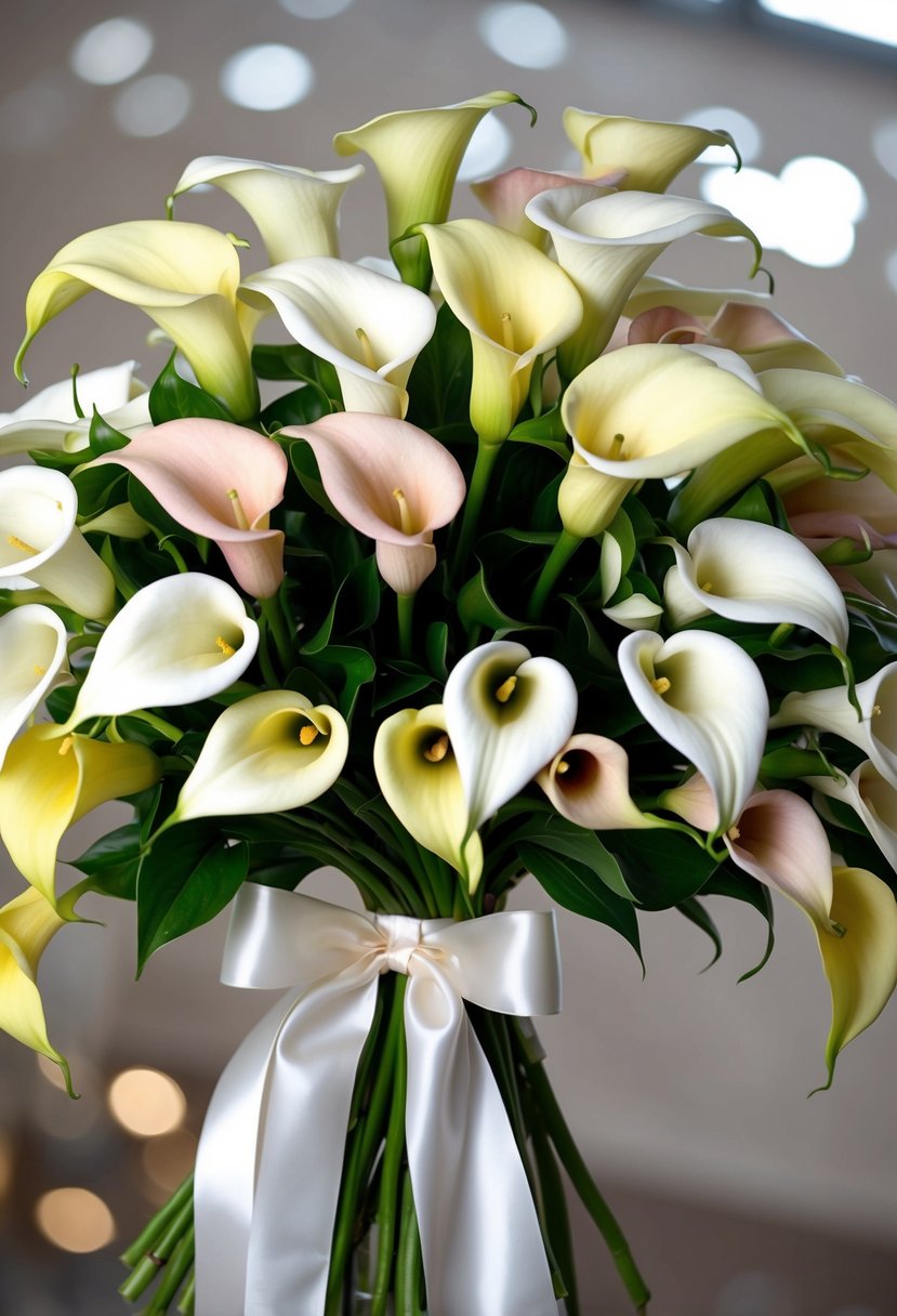 A lush bouquet of cascading calla lilies in various shades of white, cream, and pale pink, tied together with a satin ribbon