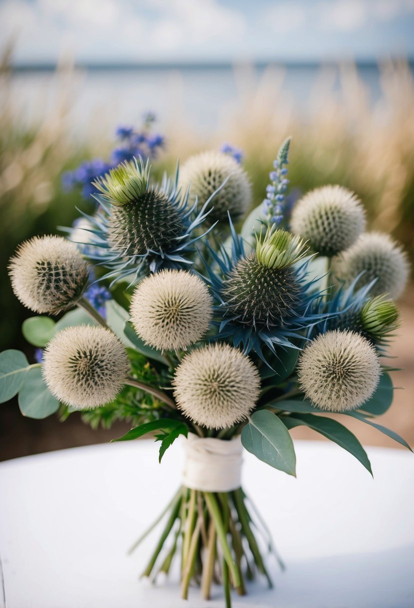 A delicate mix of dusty miller and blue thistle arranged in a wedding bouquet