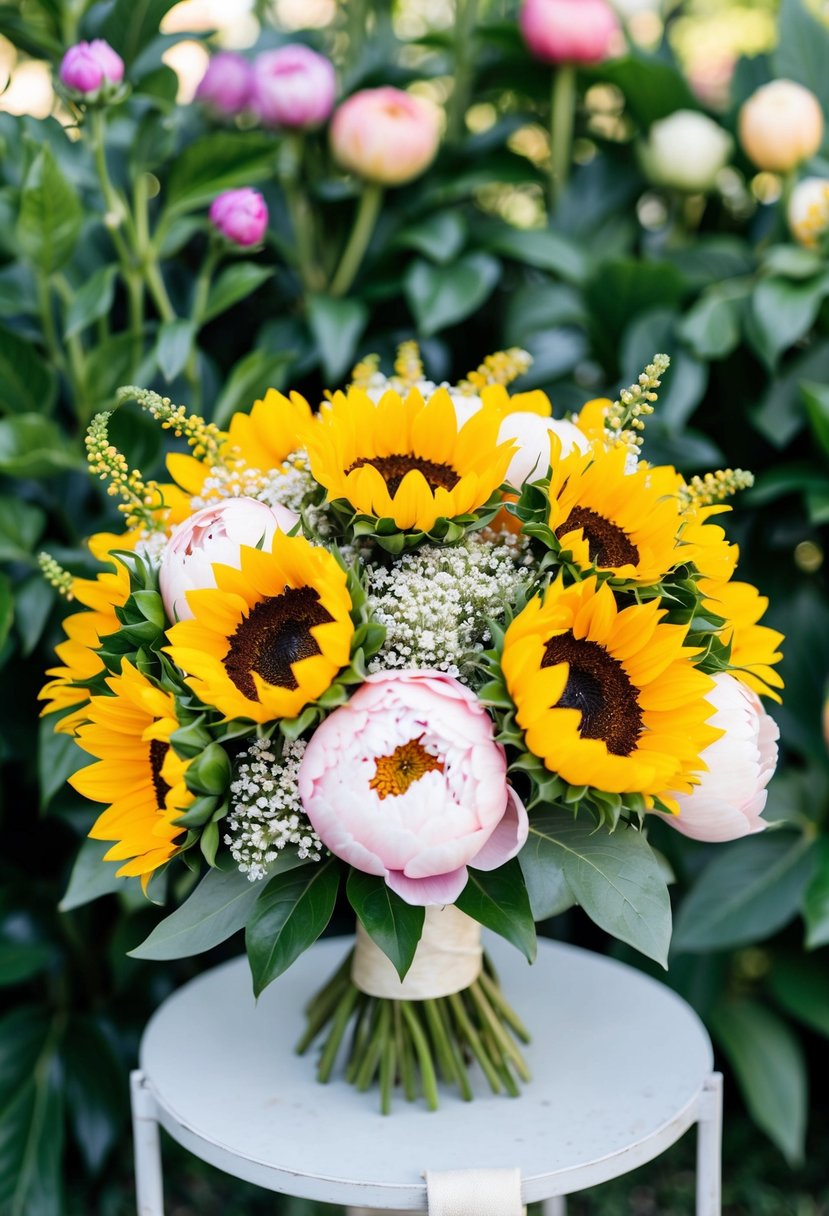 A vibrant sunflower and peony bouquet, bursting with color and elegance, set against a backdrop of lush greenery and delicate baby's breath