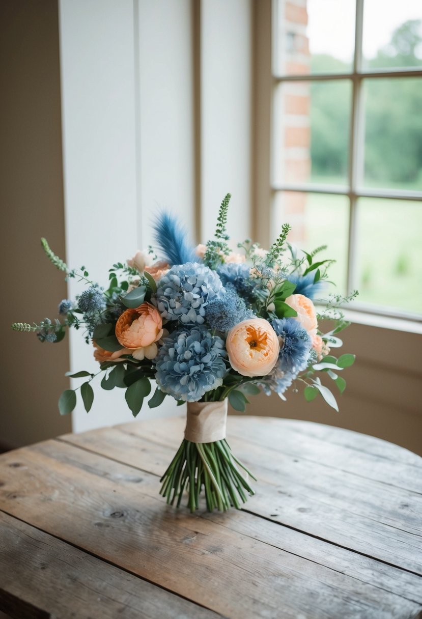 A dusty blue and peach bouquet sits on a rustic wooden table, surrounded by soft natural light streaming through a nearby window