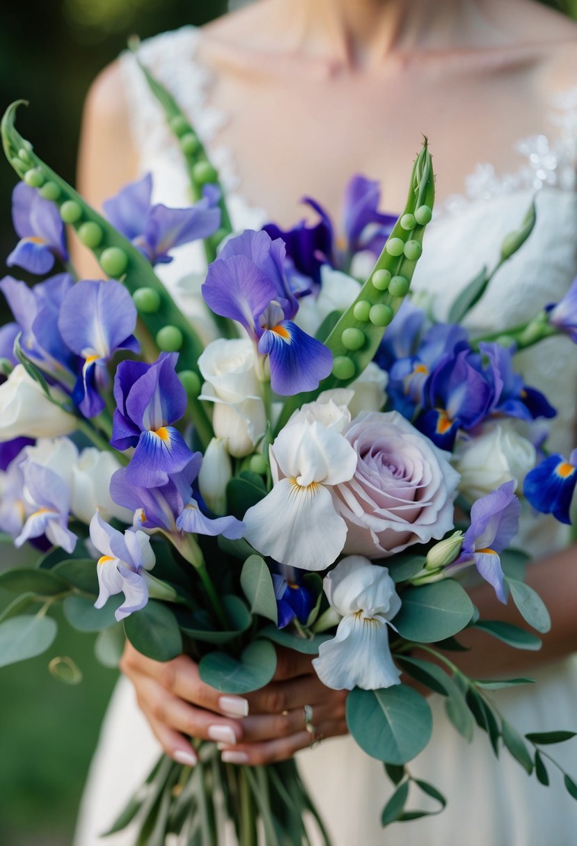 A delicate mix of sweet peas and irises arranged in a classic wedding bouquet