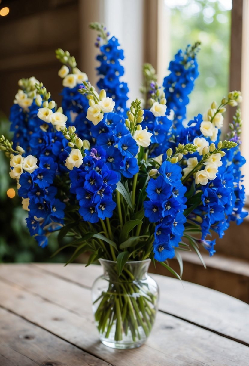 A bouquet of blue delphiniums with cream accents sits on a rustic wooden table, surrounded by soft natural light