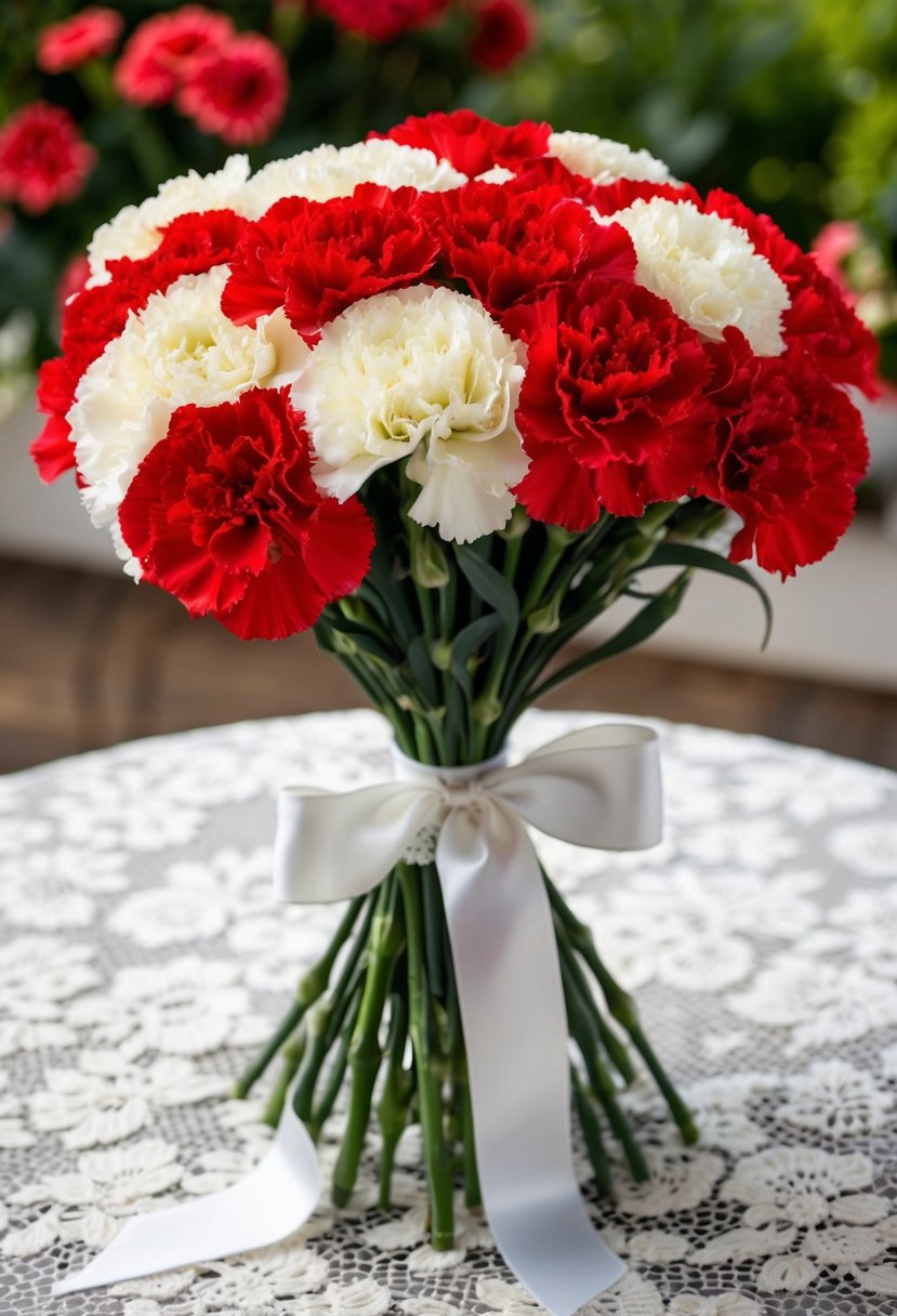 A lush bouquet of vibrant red and white carnations, tied with a satin ribbon, sits on a lace-covered table