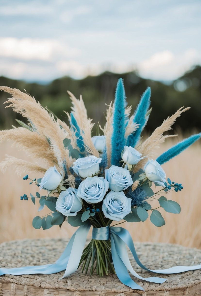 A delicate bouquet of soft blue roses and natural pampas grass, elegantly arranged with dusty blue accents