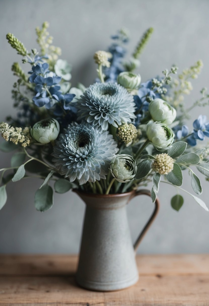 A delicate bouquet of dusty blue and sage green flowers arranged in a rustic vase