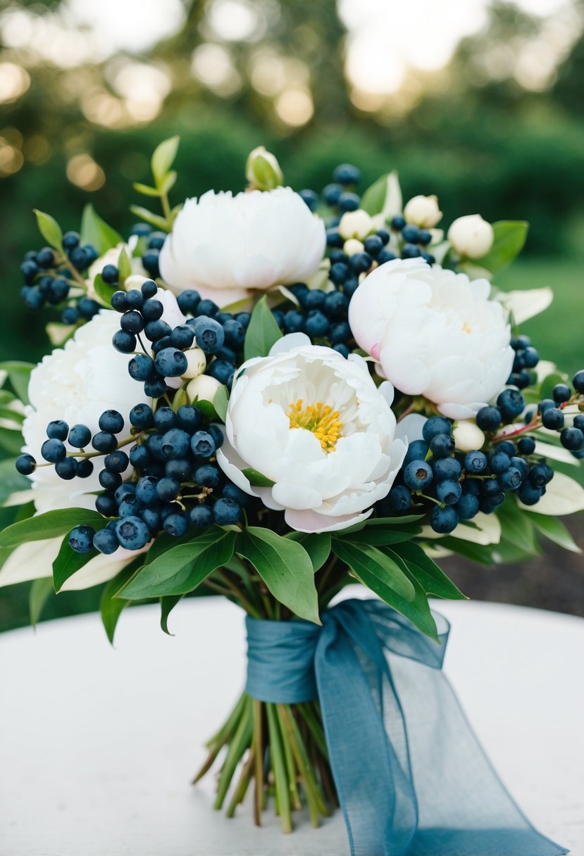 A lush bouquet of blueberry privet berries and white peonies, tied with dusty blue ribbon