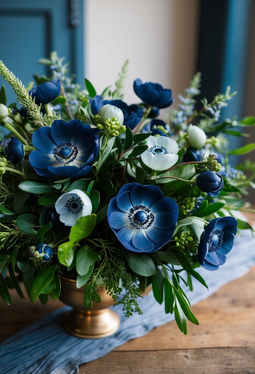 A lush bouquet of navy blue anemones and greenery, accented with dusty blue elements, sits on a rustic wooden table