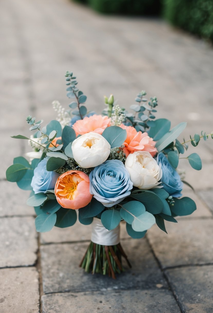 A dusty blue and coral wedding bouquet with eucalyptus, roses, and peonies