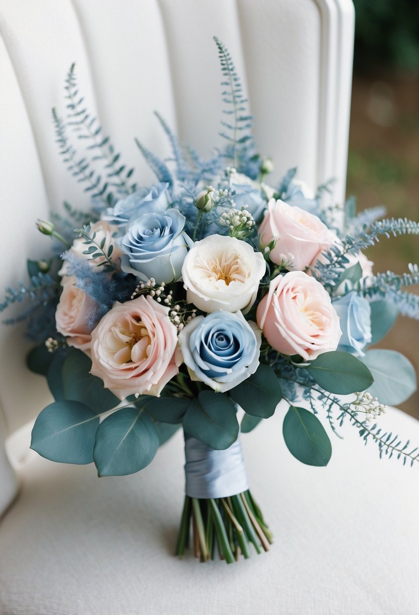 A bouquet of pale blue and blush pink roses, accented with dusty blue foliage, arranged in a delicate and romantic wedding bouquet