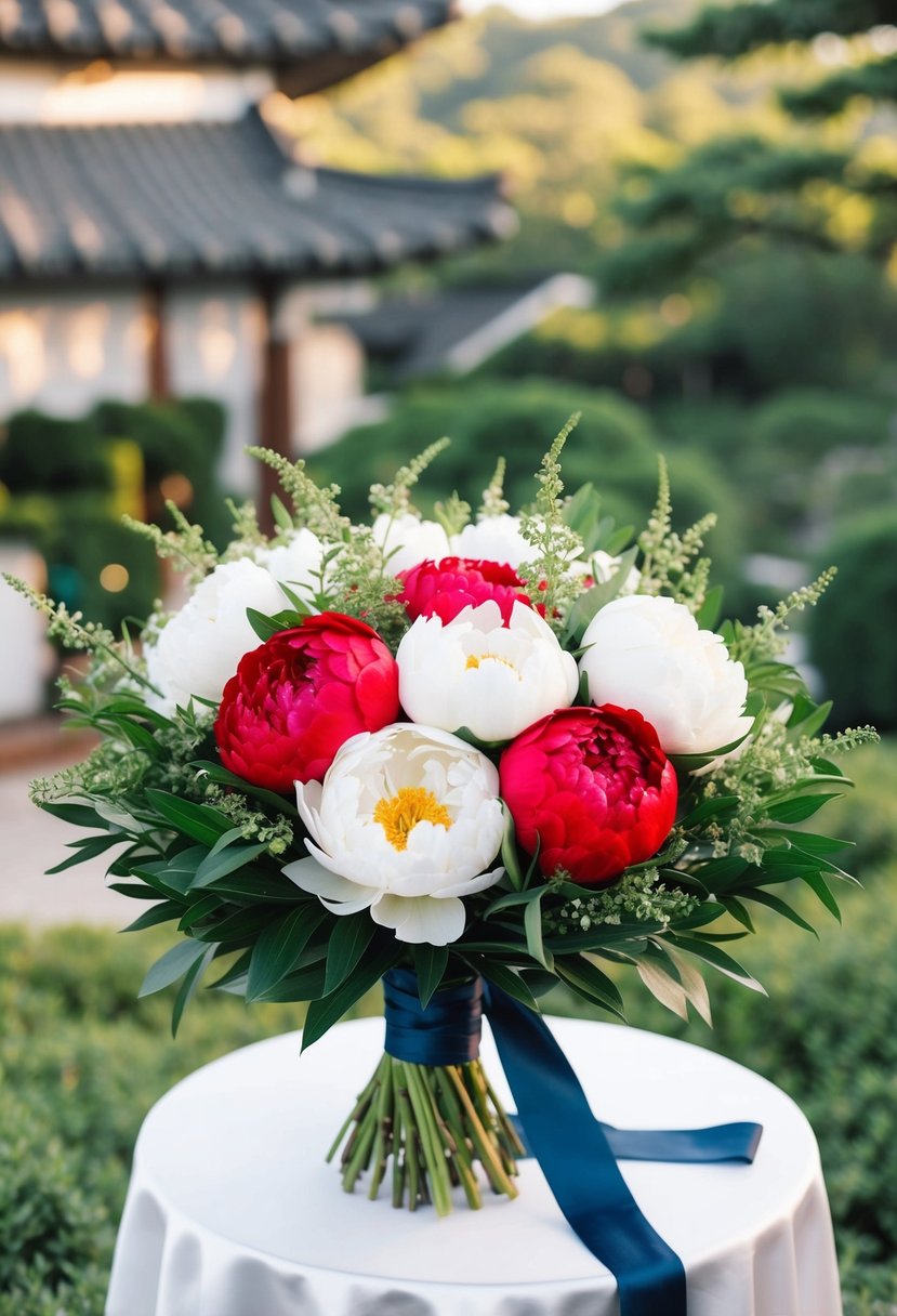 A traditional Korean wedding bouquet with white and red peonies, surrounded by greenery and wrapped in silk ribbon