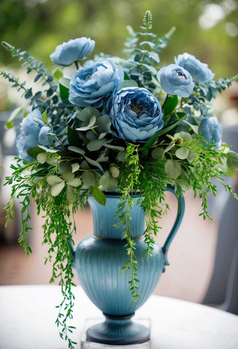 A dusty blue silk floral arrangement sits in a vintage vase, with delicate petals and green foliage cascading down