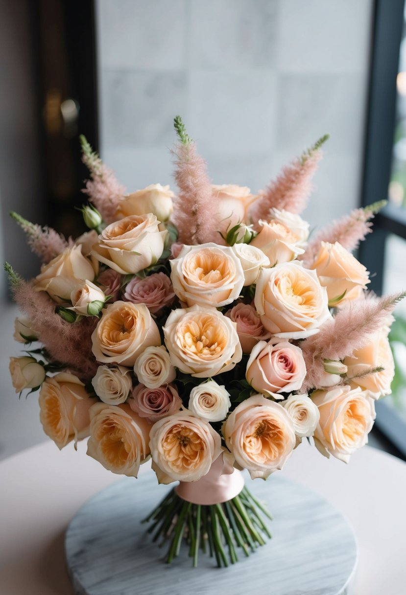 A lush bouquet of peach and champagne roses with dusty pink accents, arranged in a Korean style, sits on a table