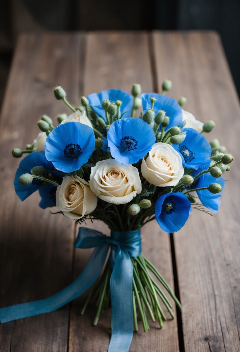 A bouquet of blue poppies and cream roses, tied with dusty blue ribbon, sits on a rustic wooden table