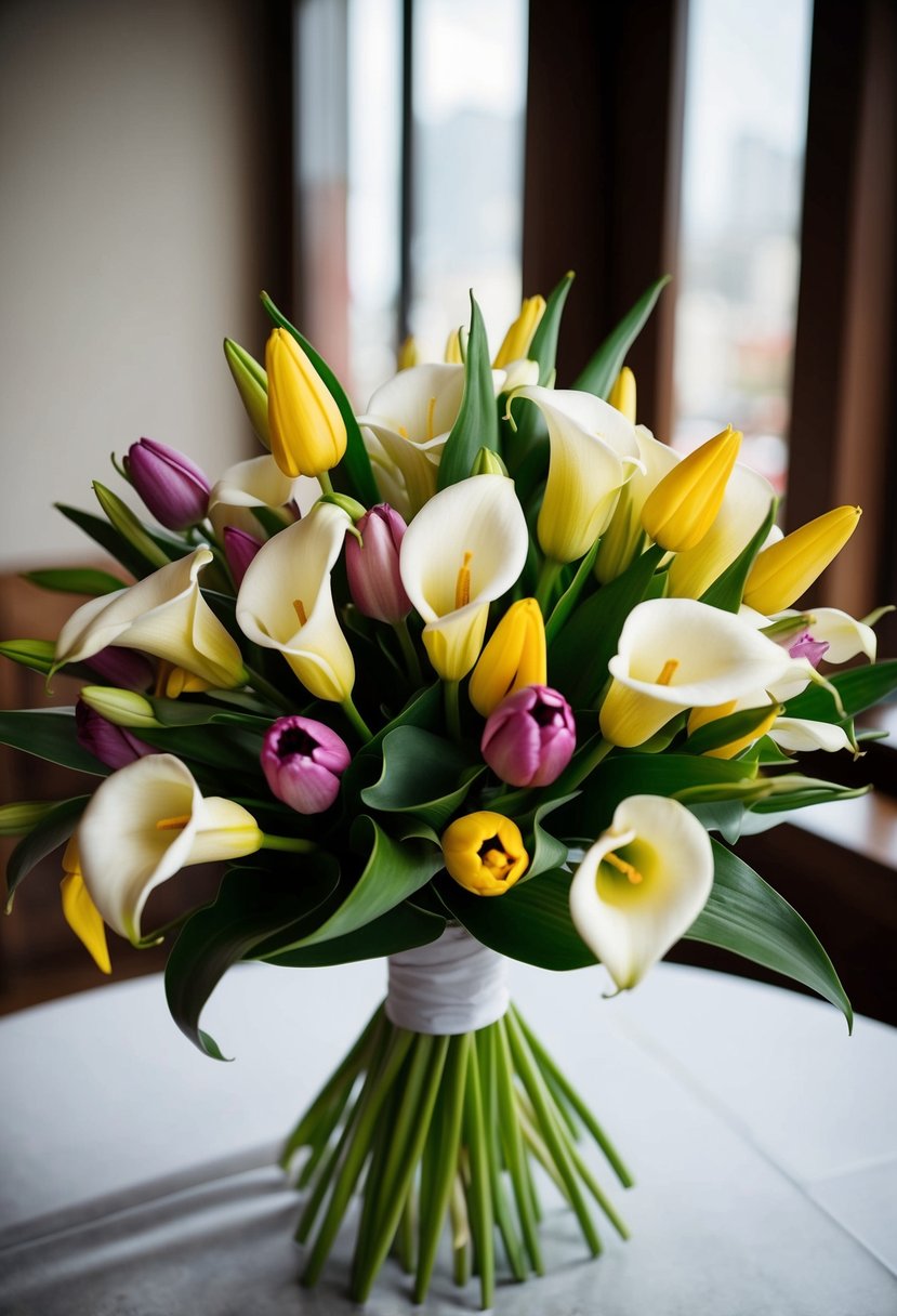 A bouquet of calla lilies and tulips arranged in a Korean style for an elegant wedding