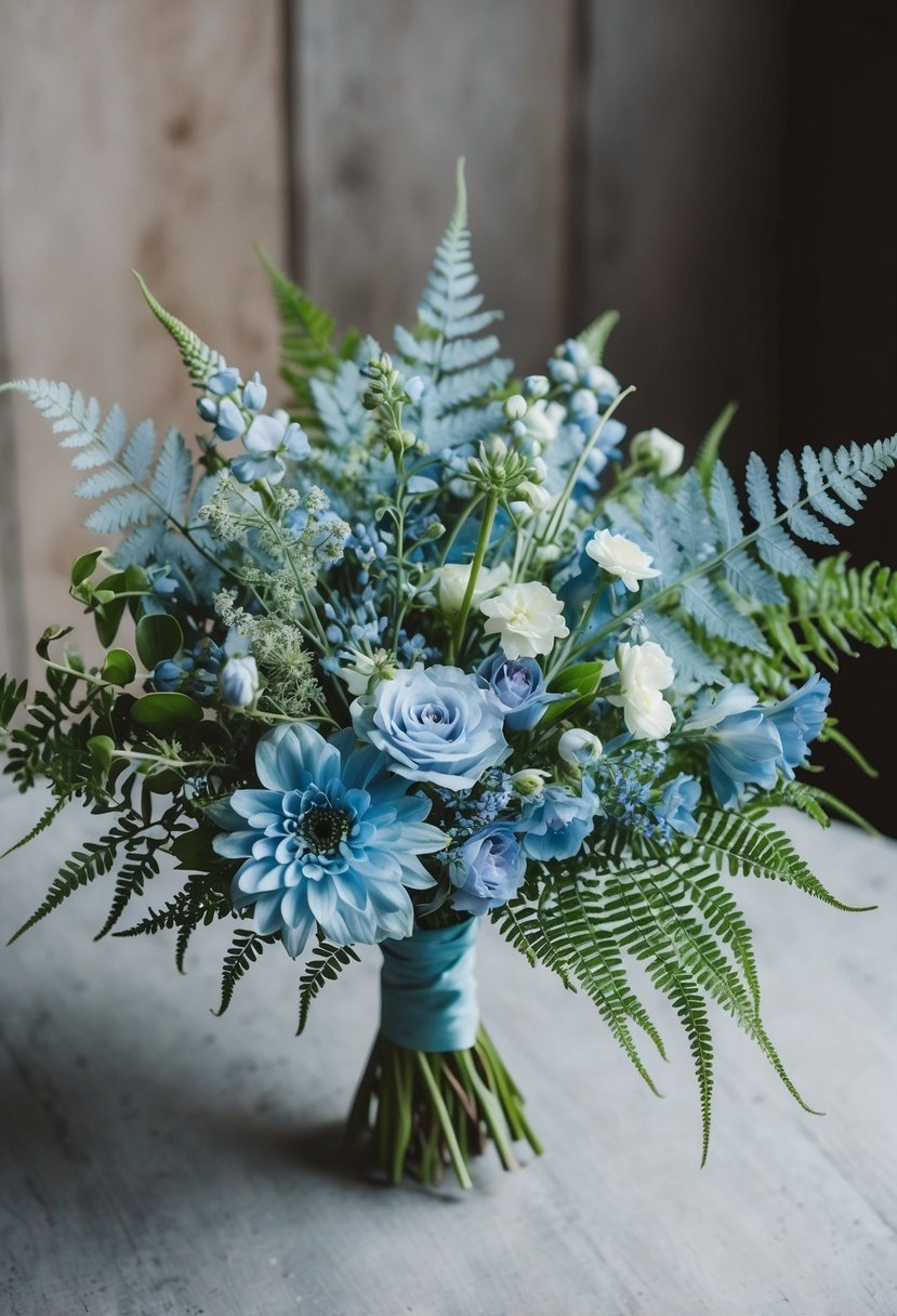 A delicate bouquet of light blue wildflowers and ferns, creating a dusty blue wedding theme