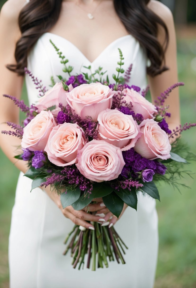 A delicate bouquet of blush pink roses and purple fillers arranged in a Korean style wedding bouquet