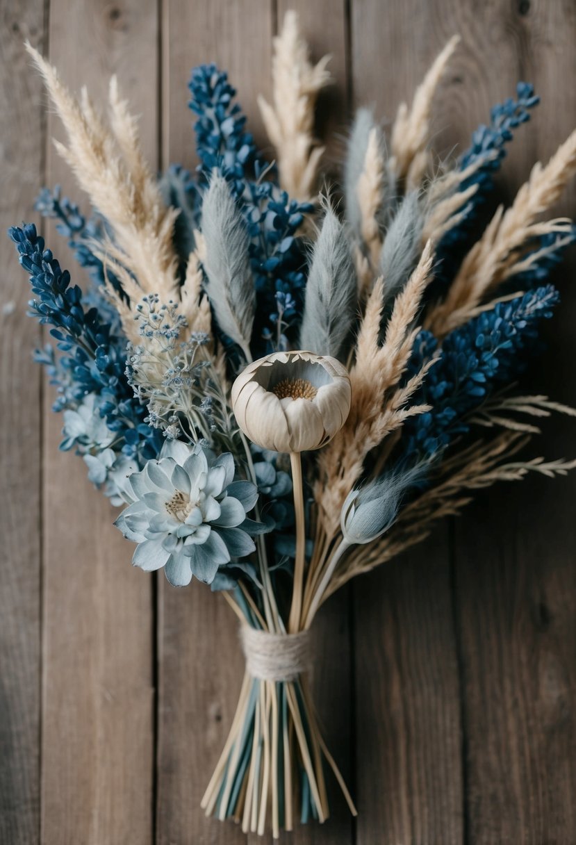 A bouquet of dried dusty blue and ivory flowers arranged in a rustic, organic style