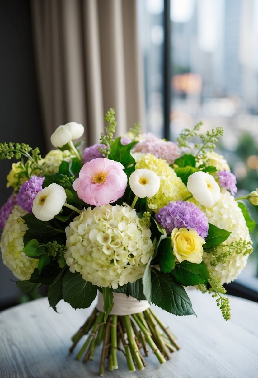 A lush bouquet of ranunculus and hydrangeas in a Korean-inspired arrangement