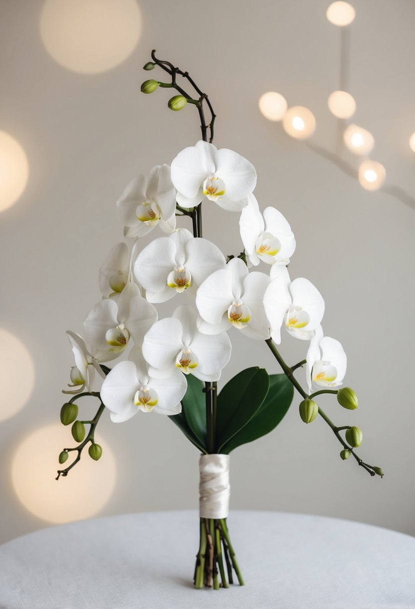 A delicate bouquet of white orchids arranged in a minimalist, elegant style for a Korean-inspired wedding