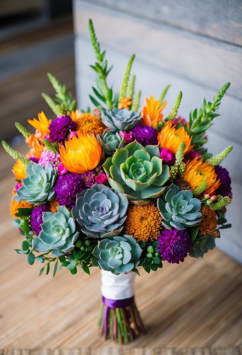 A vibrant korean-style wedding bouquet with succulents and colorful florals, arranged in a modern, asymmetrical design