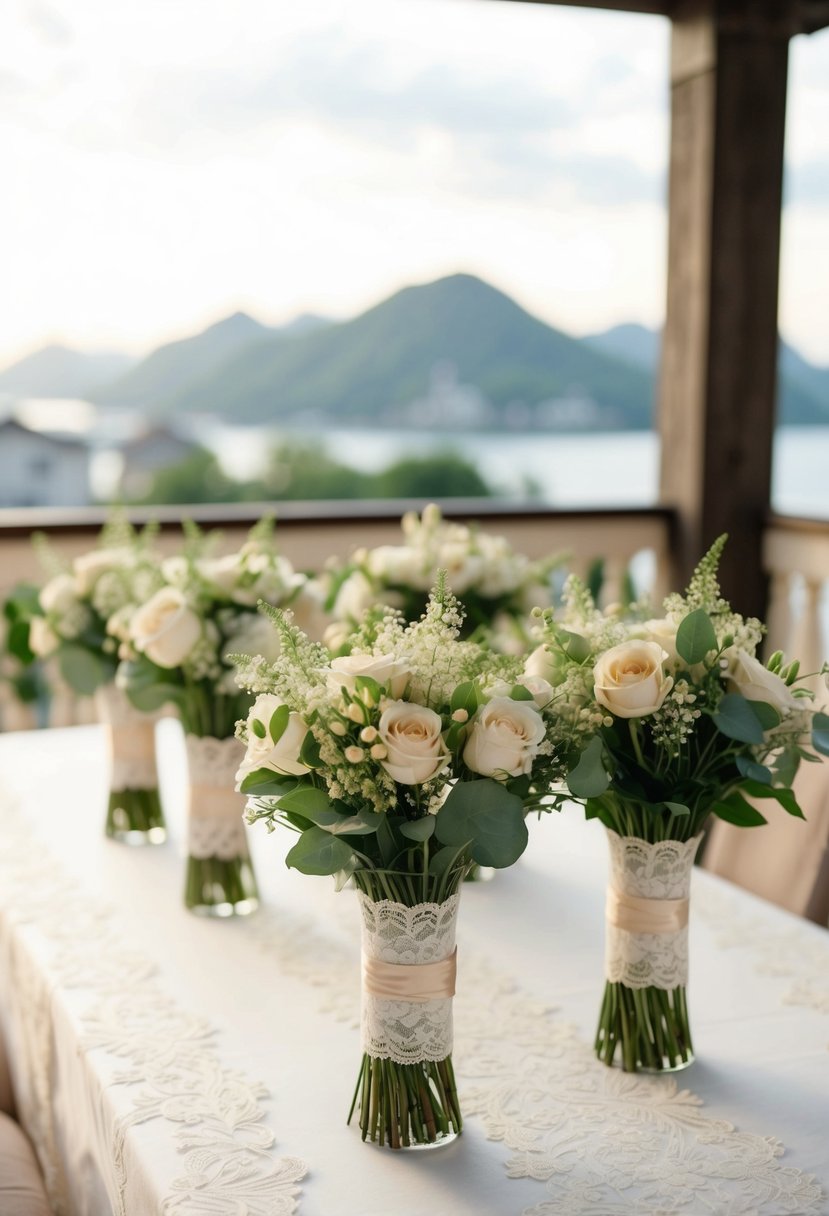 A table adorned with lace-wrapped bouquets in a vintage Korean style for a wedding