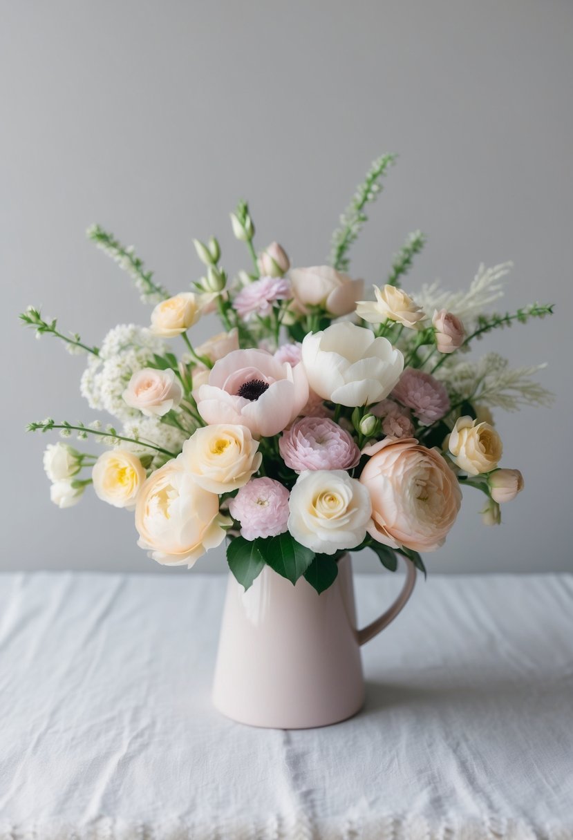 A delicate bouquet of soft pastel flowers arranged in a Korean-inspired style