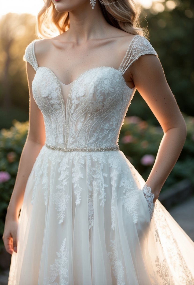 A flowing lace wedding dress with a sweetheart neckline and delicate beading