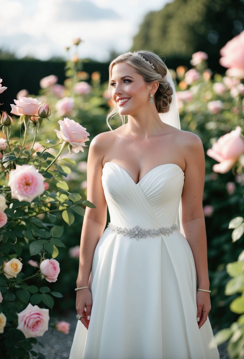 A bride stands in a sweetheart neckline wedding dress, surrounded by blooming roses in a garden