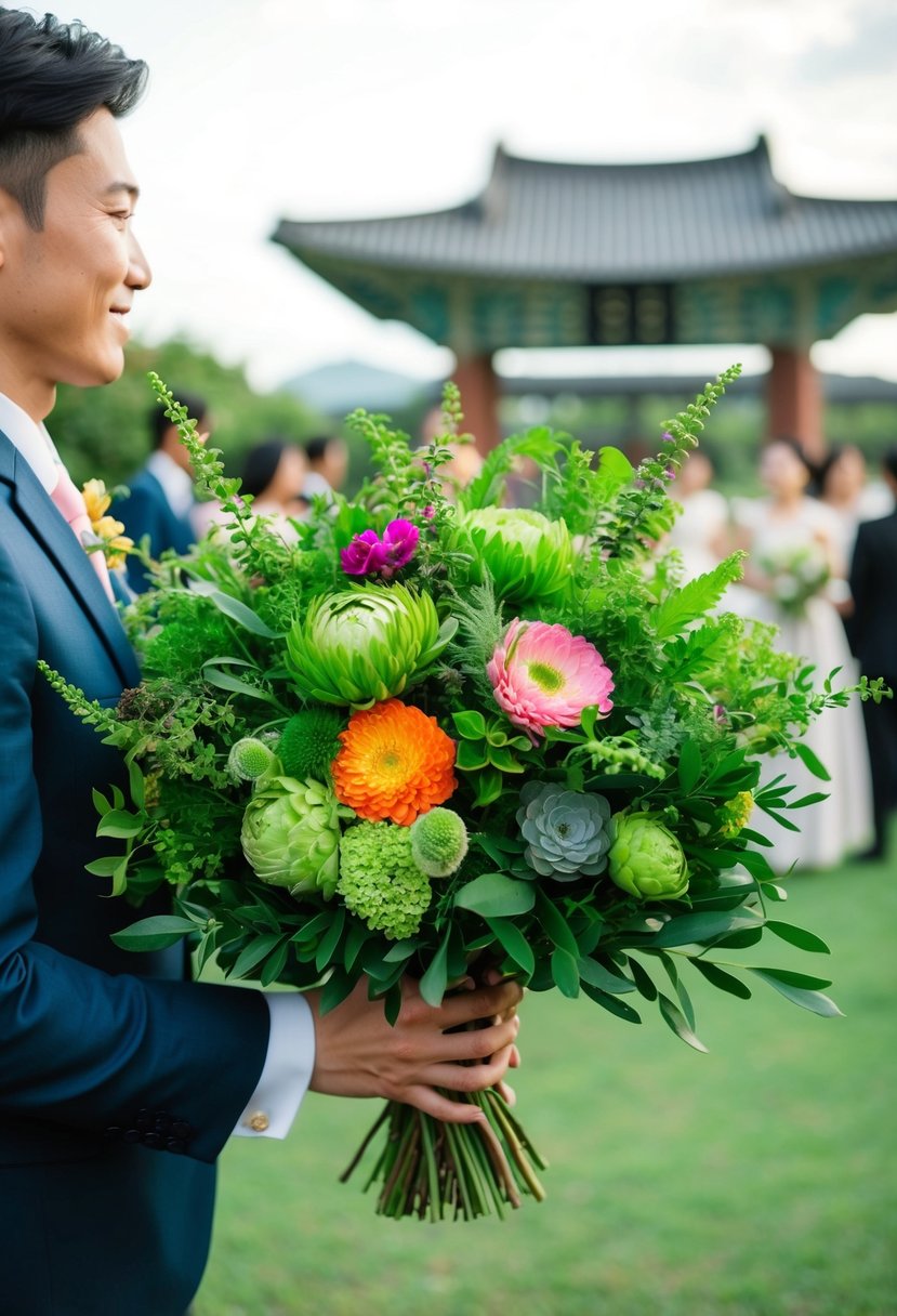 A lush bouquet of greenery with vibrant pops of color, inspired by Korean wedding traditions