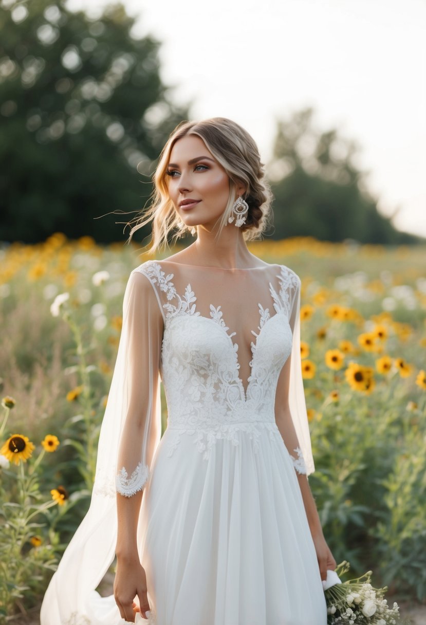 A bohemian-meets-sophisticated wedding dress with a bateau neckline, adorned with delicate lace and flowing chiffon, set against a backdrop of wildflowers and a rustic, outdoor setting