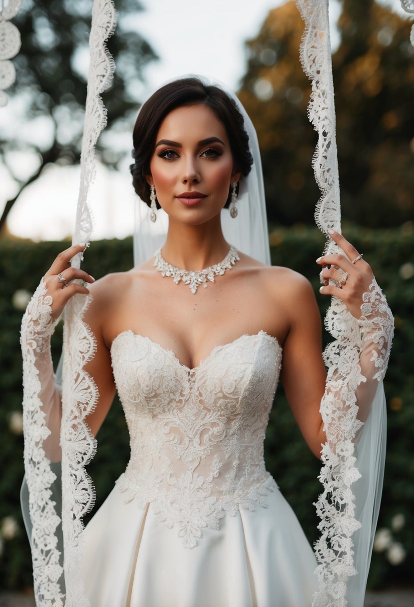 A bride stands in a classic square neckline wedding dress, surrounded by elegant lace and intricate beadwork