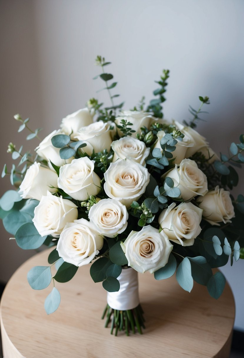 A bouquet of classic ivory roses and eucalyptus arranged in a Korean style wedding bouquet