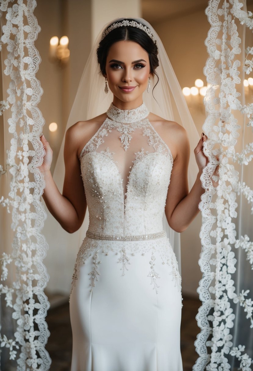 A bride stands in a classic high neckline wedding dress, surrounded by elegant lace and intricate beading