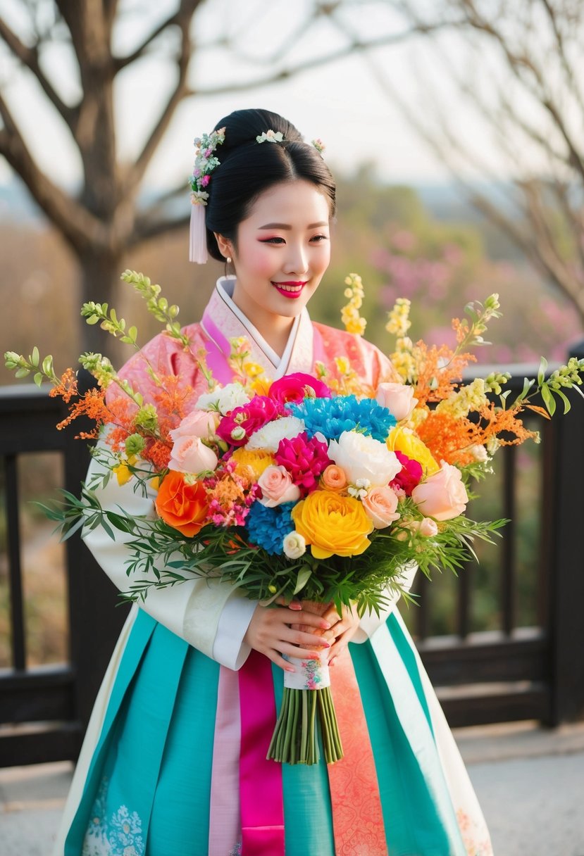 A colorful hanbok-inspired wedding bouquet with traditional Korean floral arrangements