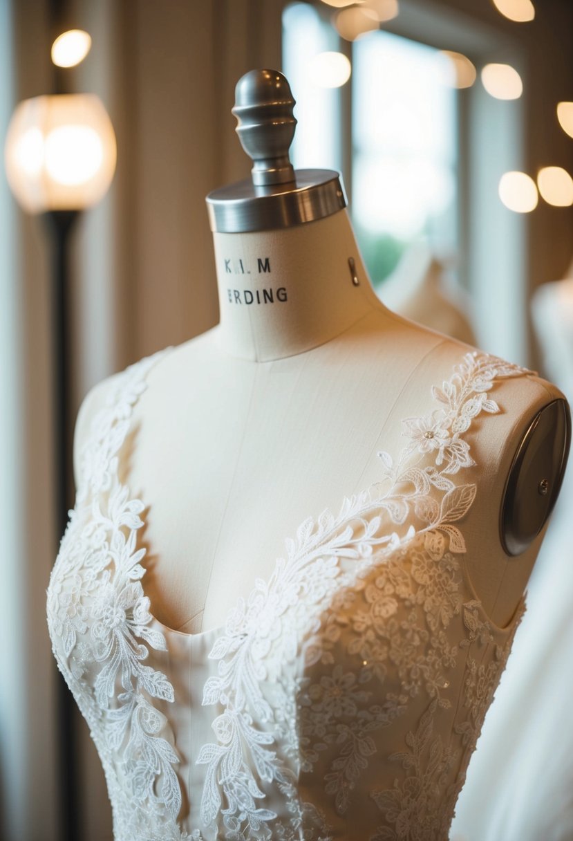 An elegant V-neck wedding dress displayed on a mannequin, surrounded by soft lighting and delicate lace details