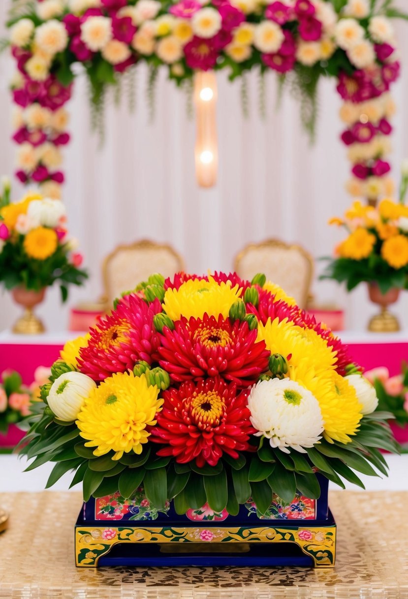 A vibrant arrangement of chrysanthemums and other seasonal flowers in the traditional Korean style, set against a backdrop of elegant wedding decor