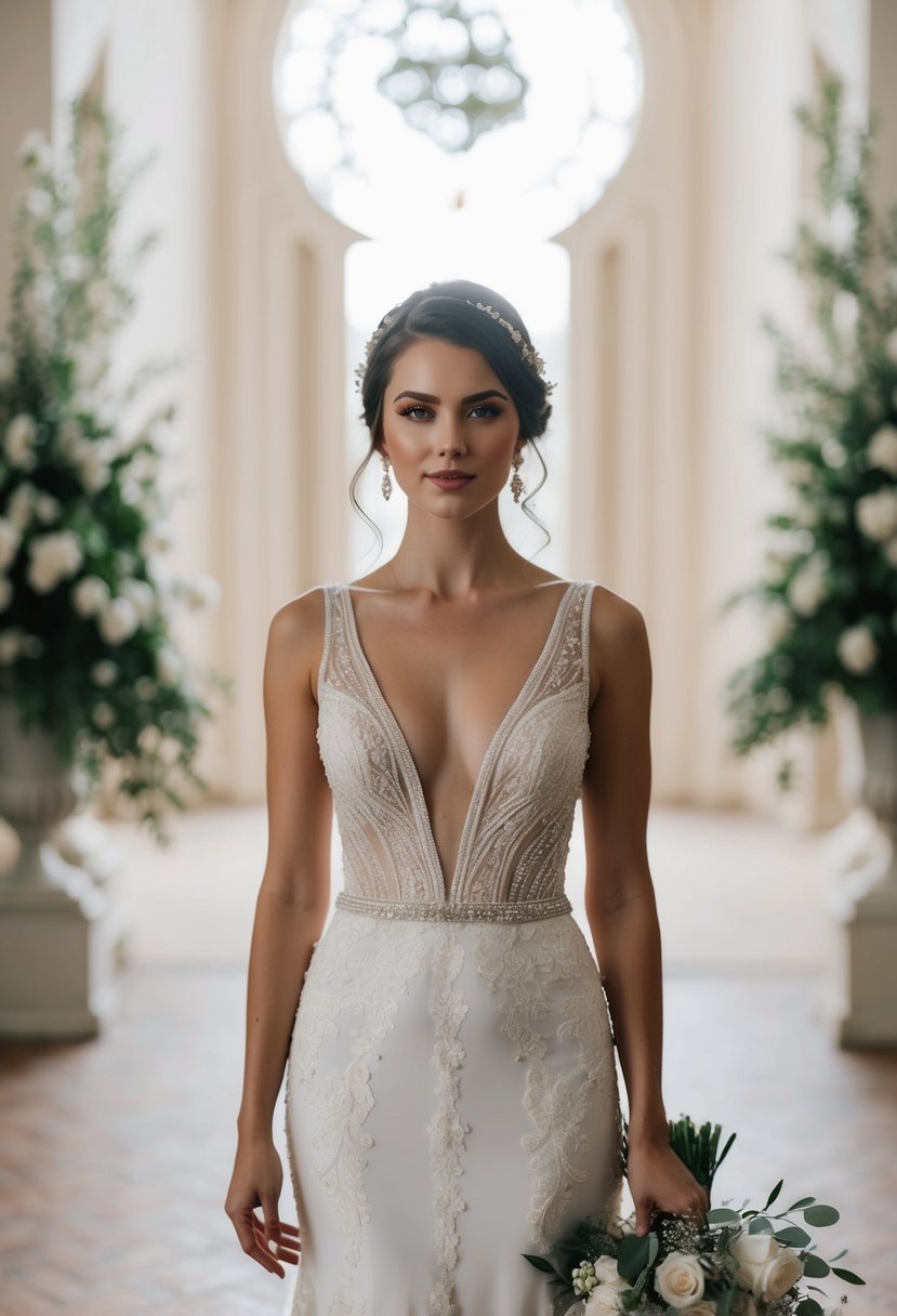 A bride standing in a daring plunging neckline wedding dress, surrounded by elegant lace and intricate beading