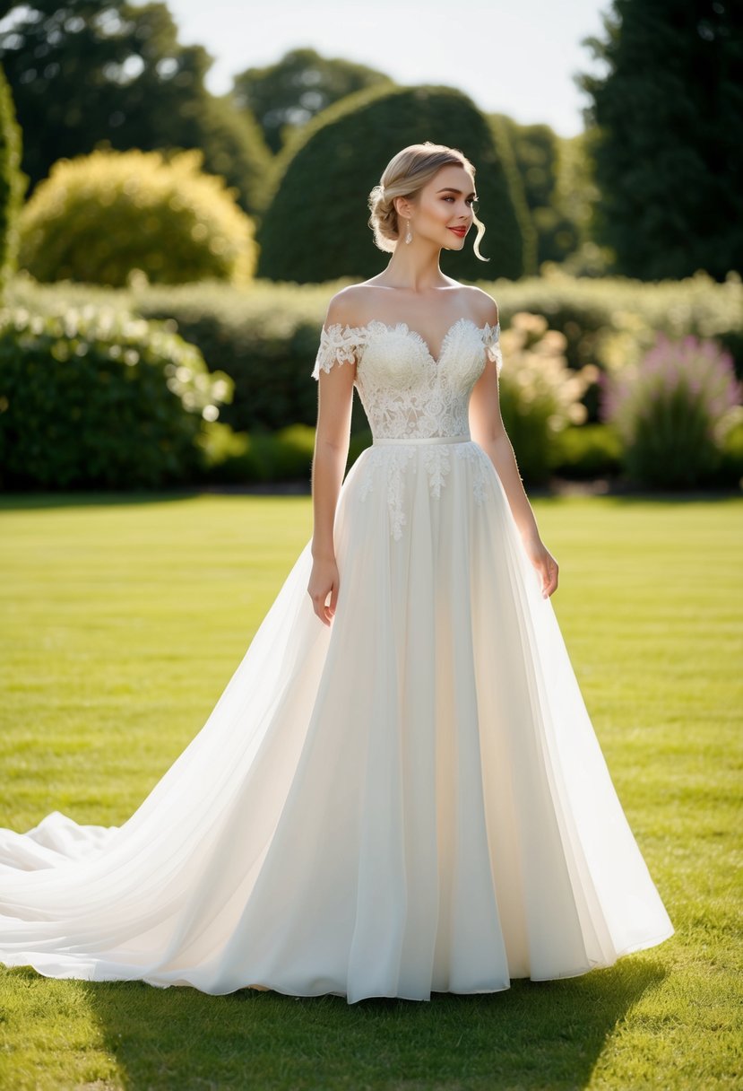 A bride stands in a sunlit garden, wearing a flowing off-the-shoulder wedding dress with delicate lace details and a romantic silhouette