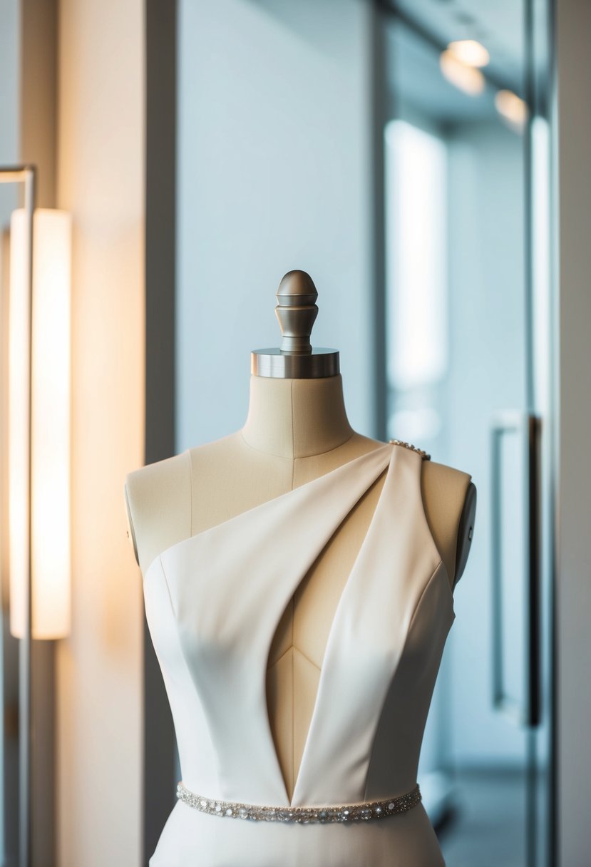 A modern asymmetrical neckline wedding dress on a mannequin, surrounded by sleek, minimalist decor and soft lighting