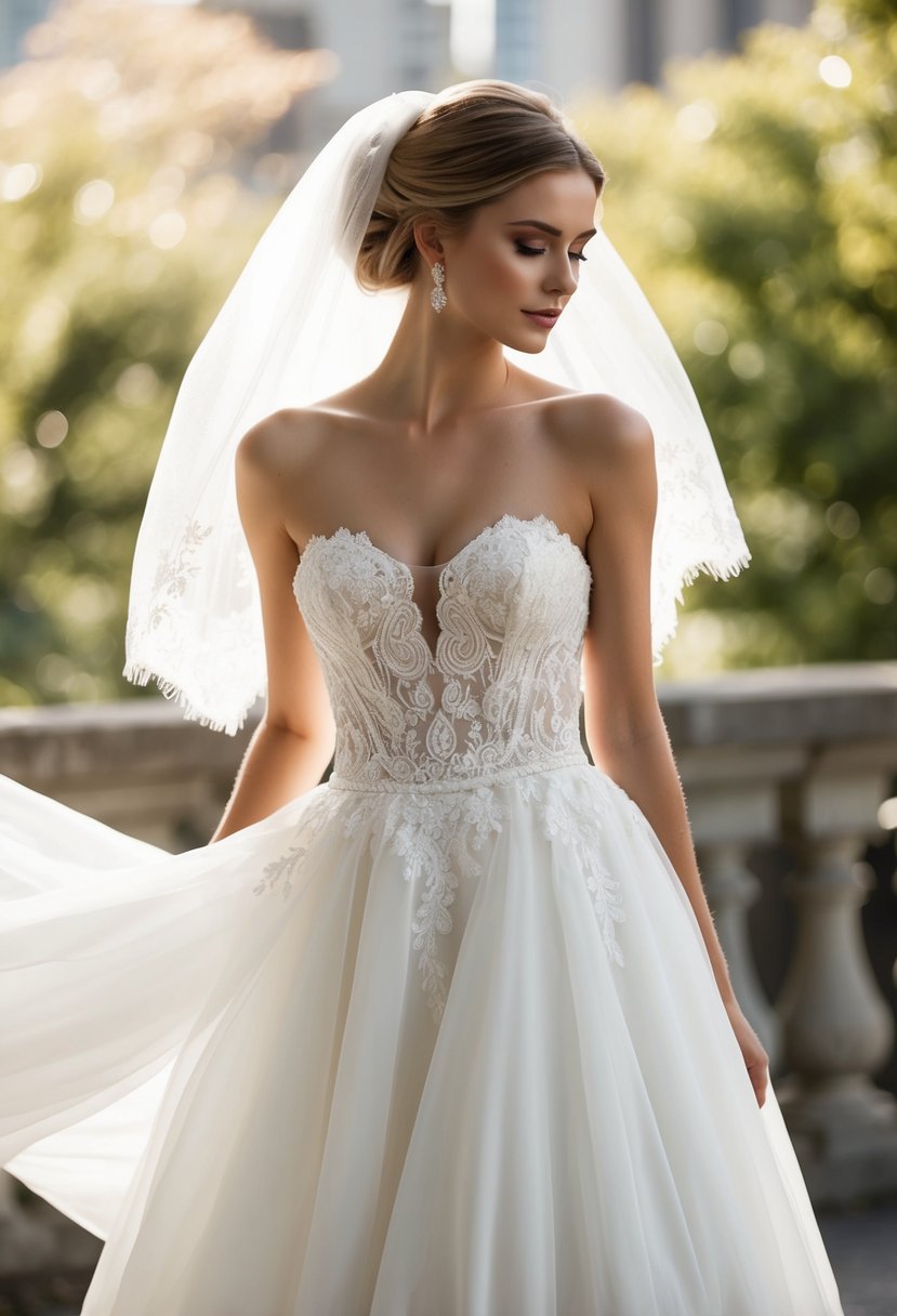 A bride stands in a strapless neckline wedding dress, adorned with elegant lace and flowing fabric