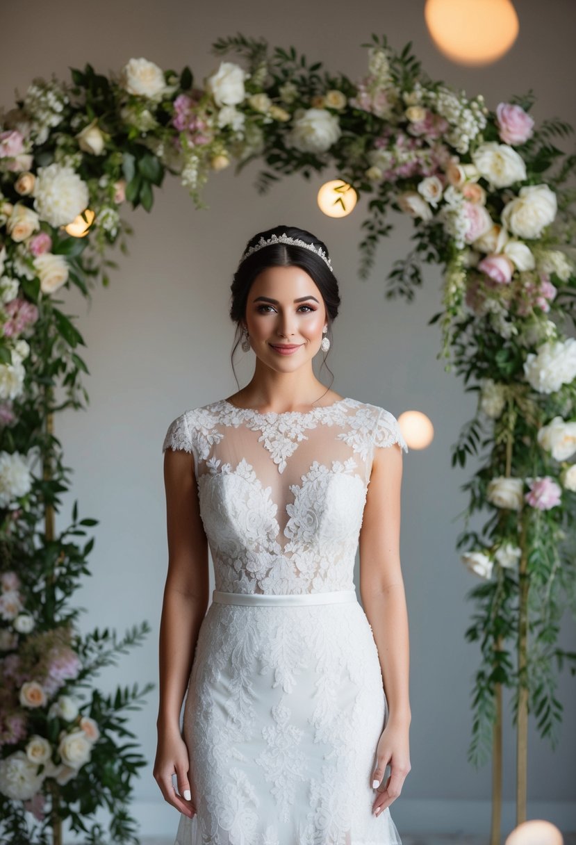 A bride stands in a lace illusion neckline wedding gown, surrounded by delicate floral arrangements and soft lighting