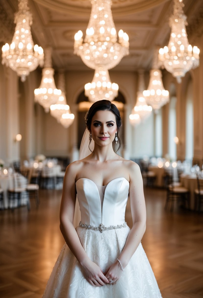 A bride standing in a grand ballroom, wearing a wedding dress with a sophisticated portrait neckline, surrounded by elegant chandeliers and ornate decorations