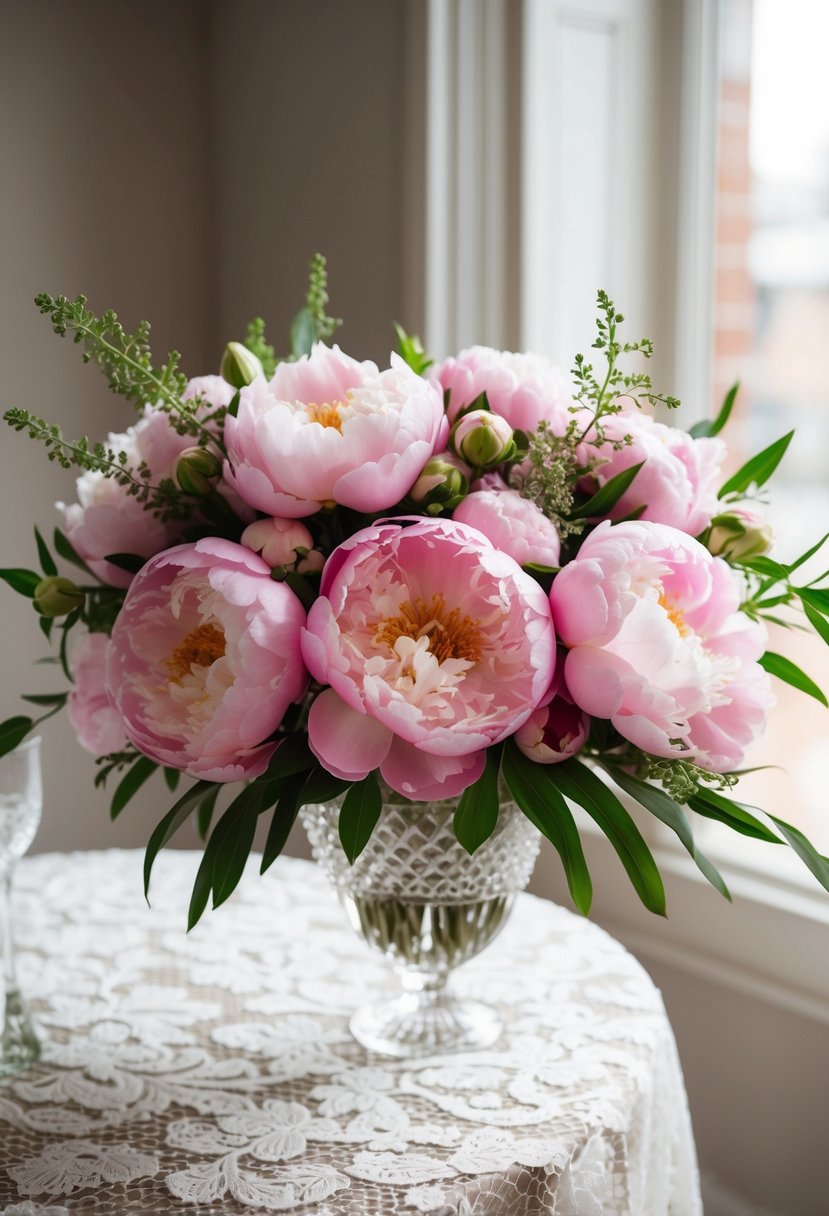 A lush bouquet of pink peonies, accented with delicate greenery, sits in a crystal vase on a lace-covered table