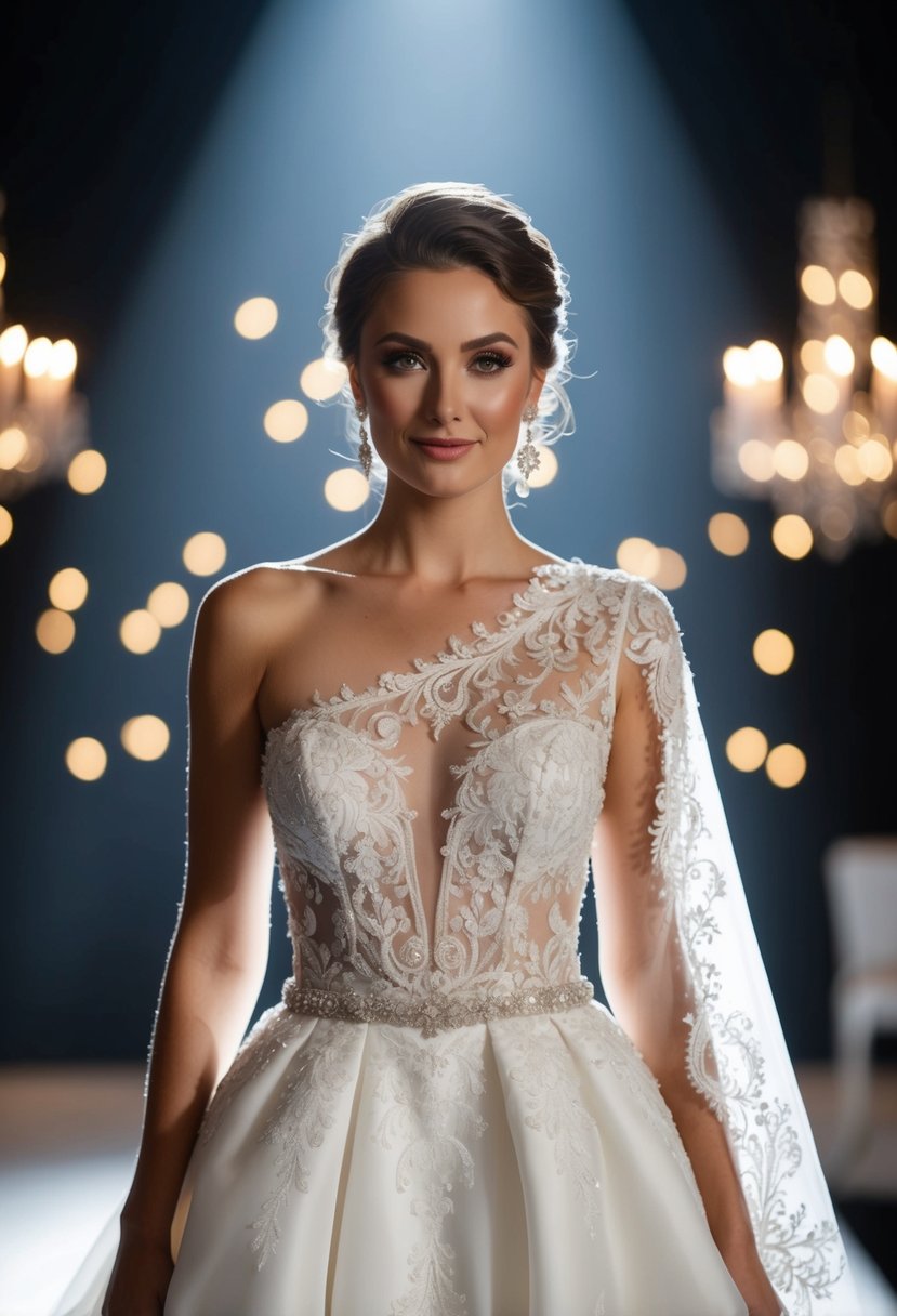 A bride stands in a spotlight, wearing a stunning one-shoulder neckline wedding dress with intricate lace and beadwork, exuding elegance and glamour