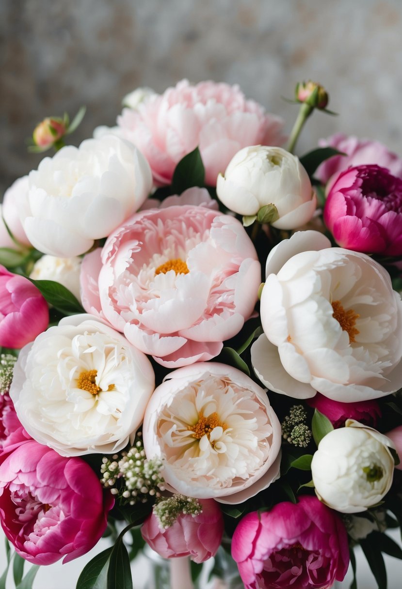 A lush bouquet of soft blush peonies and white roses, with pink peonies interspersed throughout