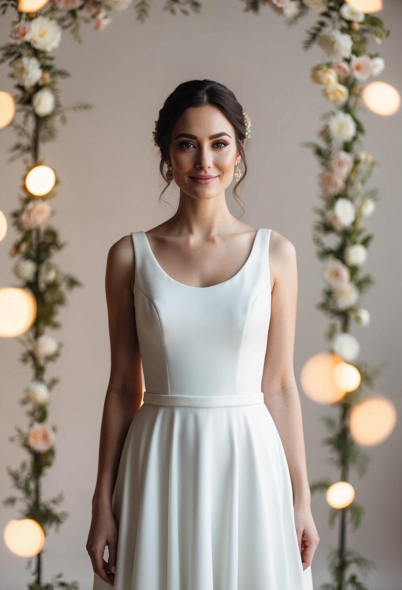 A bride standing in a simple, elegant wedding dress with a scoop neckline, surrounded by soft lighting and delicate floral decorations