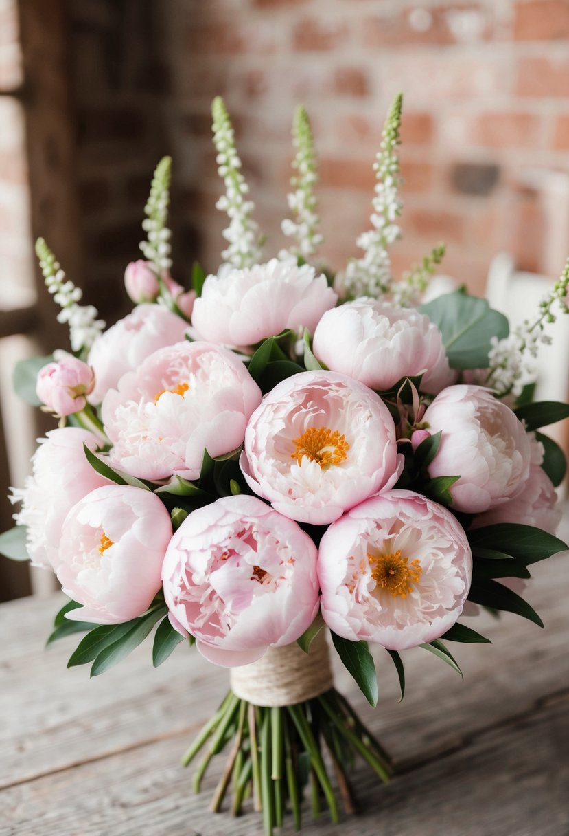 A vintage-style bouquet of pastel pink peonies arranged in a rustic, romantic wedding setting