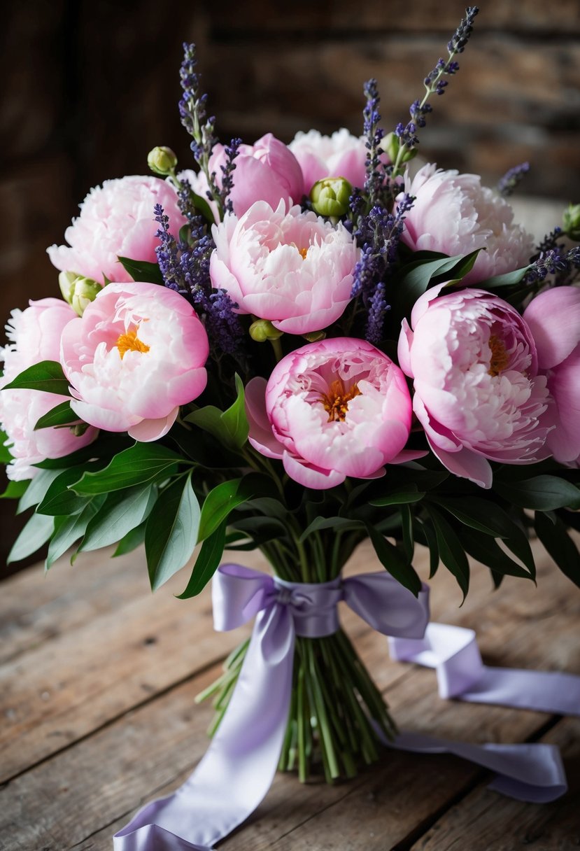 A lush bouquet of pink peonies and lavender, tied with a silk ribbon, rests on a rustic wooden table